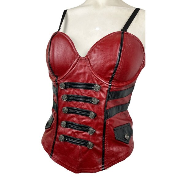 L Vintage Lip Service Vice Red Bustier Corset Military Steampunk Goth - Picture 2 of 7